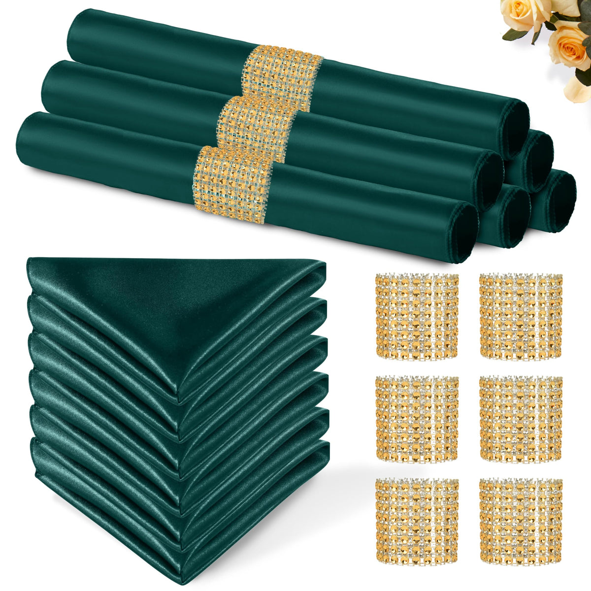 Eychei servilletas satinadas verde oscuro de 12x12, tacto suave para mesa elegante.