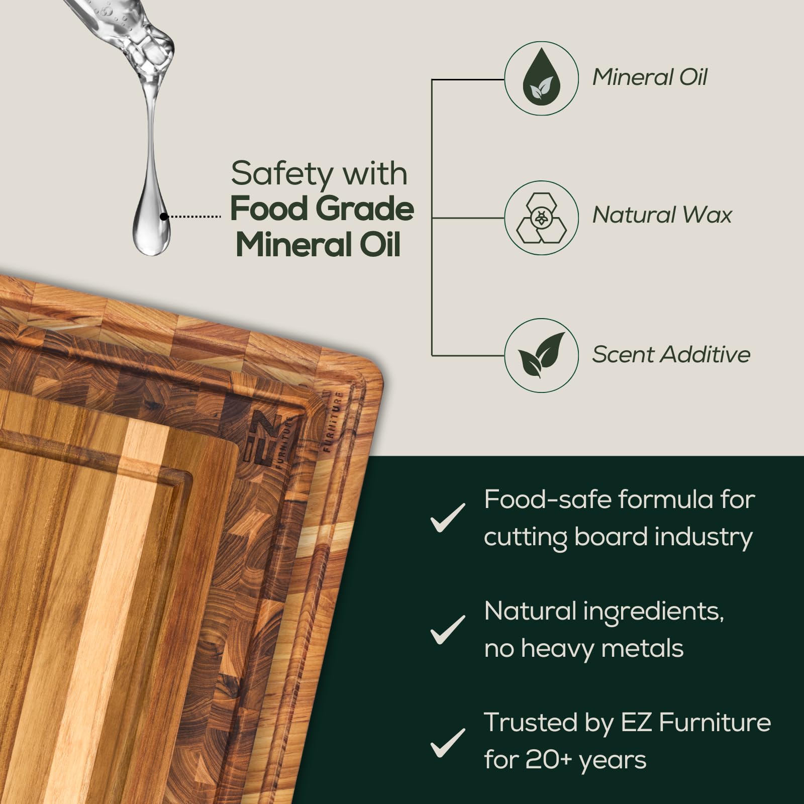 EZ FURNITURE acabado de teca con aceite mineral seguro para uso diario.