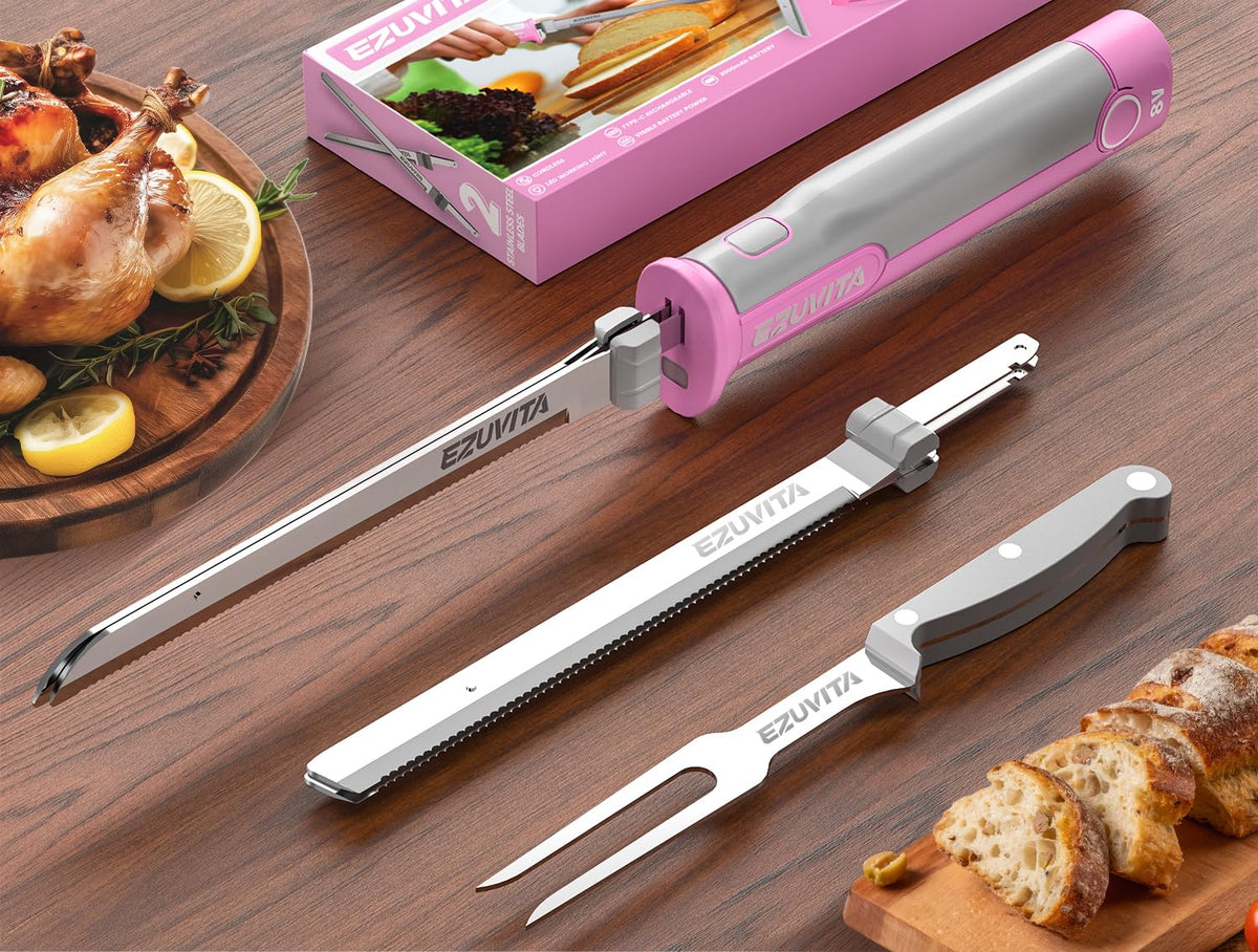 Cuchillo eléctrico EZUVITA en acción para cortar pavo y carne con precisión