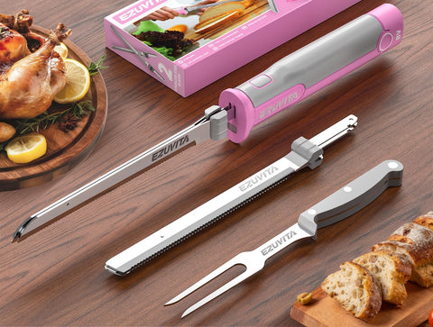 Cuchillo eléctrico EZUVITA en acción para cortar pavo y carne con precisión