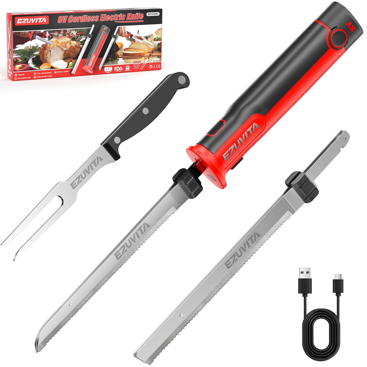 Cuchillo eléctrico EZUVITA sin cables para cortes precisos de carne y pan.