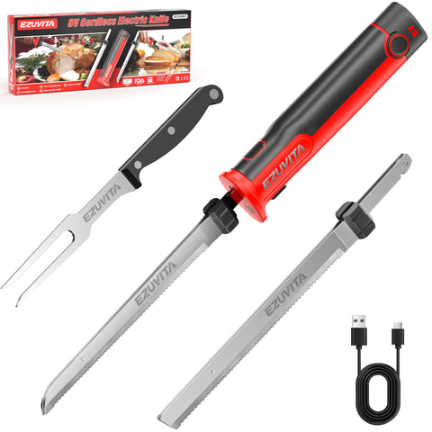 Cuchillo eléctrico EZUVITA sin cables para cortes precisos de carne y pan.