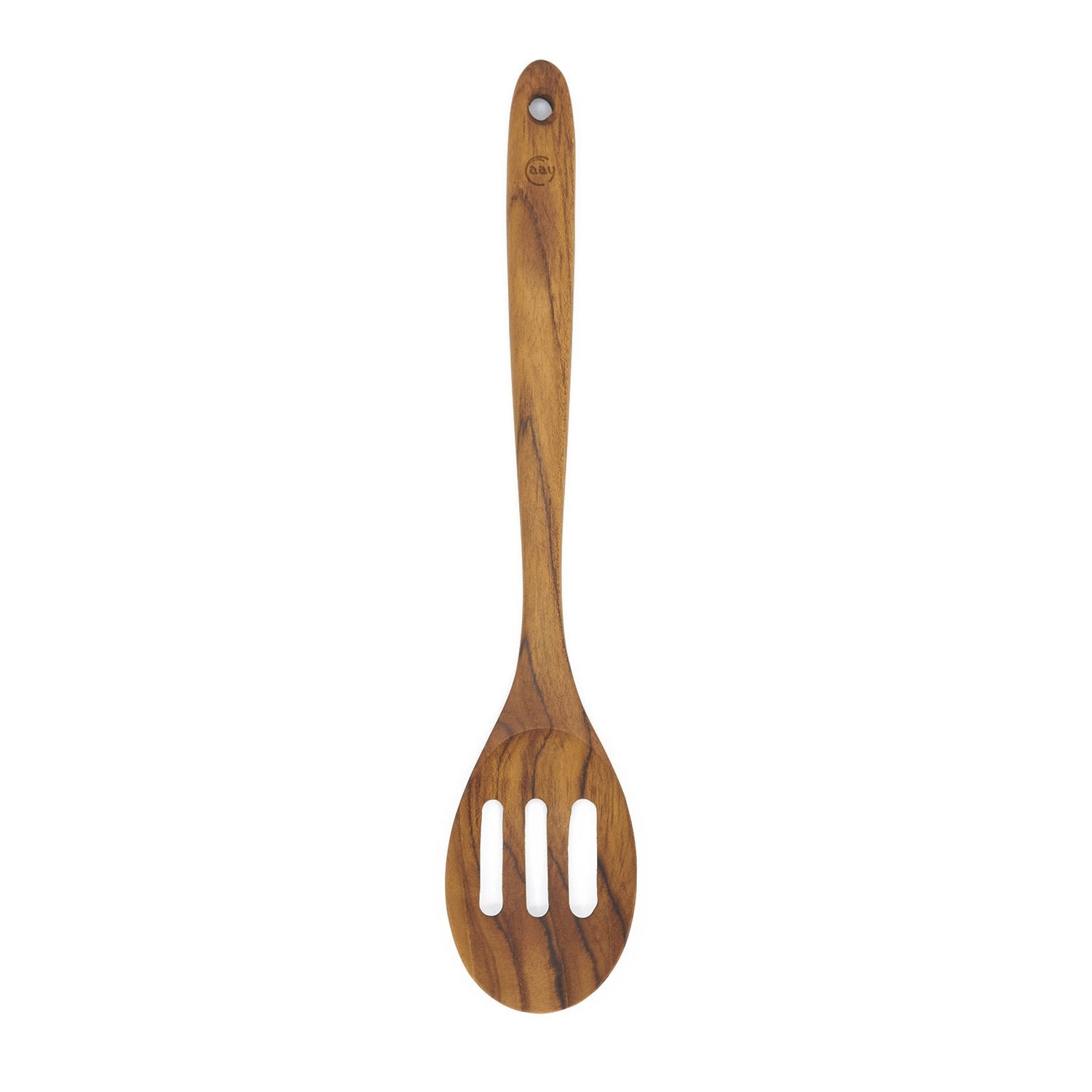 Cucharón escurridor FAAY de teca, ergonómico para drenar aceite.