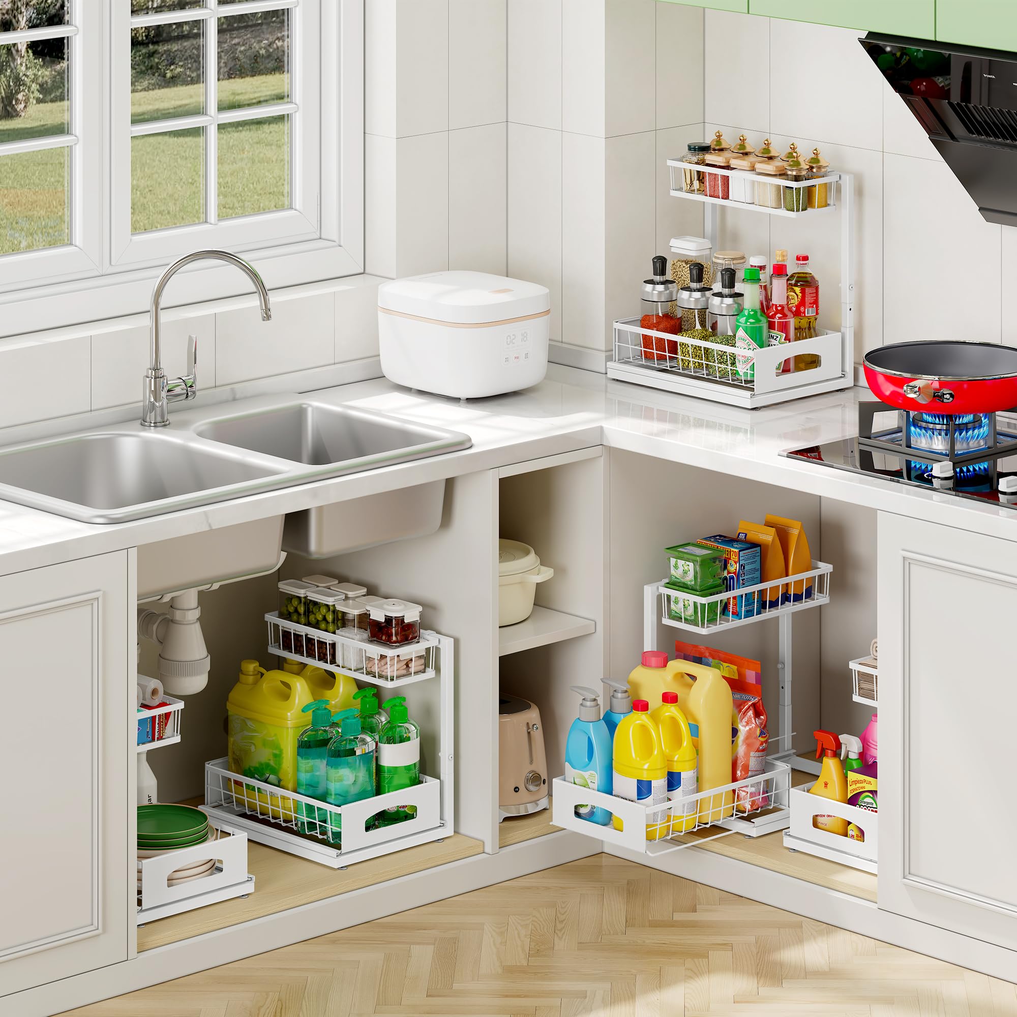 Estante doble para almacenamiento multiuso en cocina, baño o despensa.
