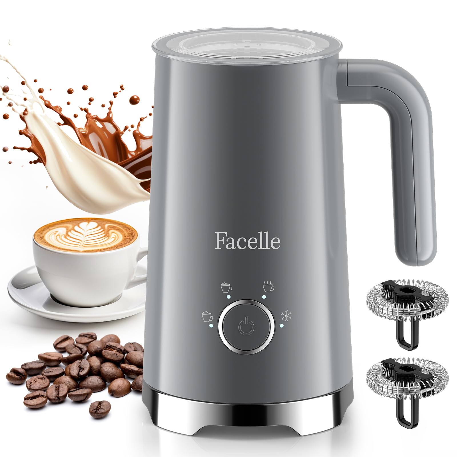 Facelle batidor de leche 4 en 1, vista frontal con espuma cremosa para capuchino.