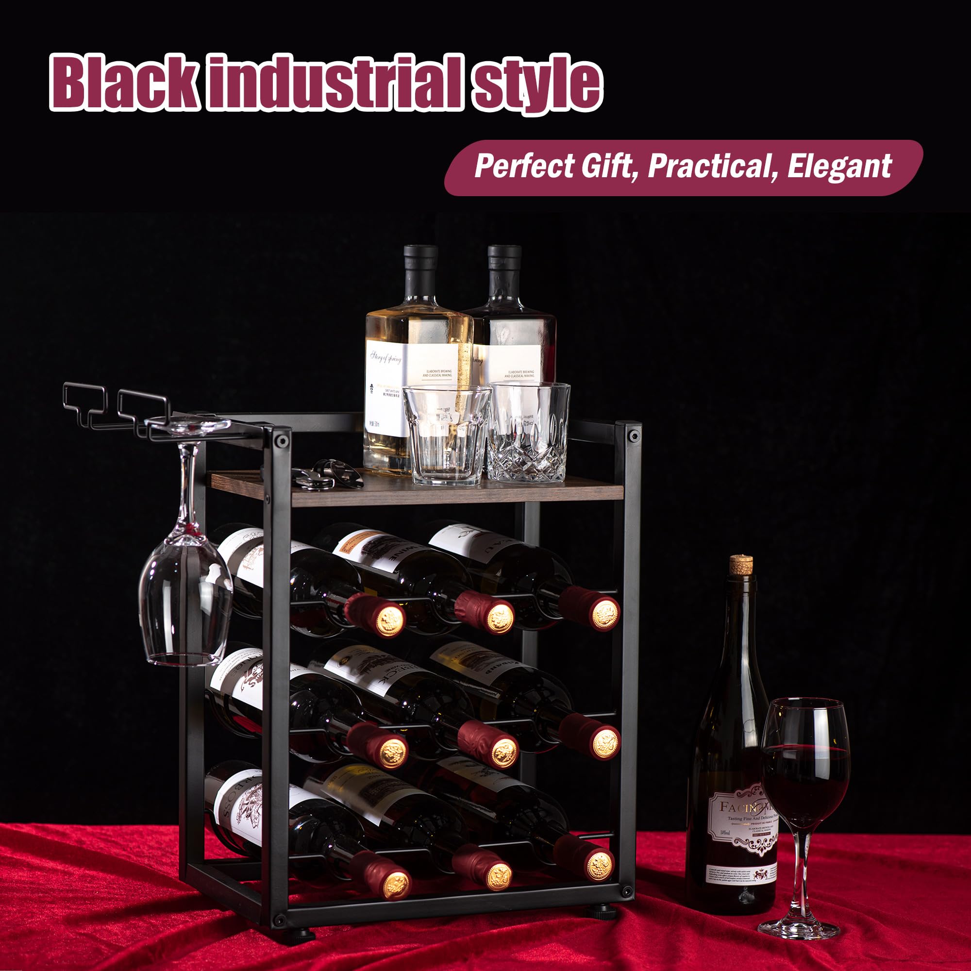 Acabado negro industrial y madera, regalo elegante para amantes del vino.