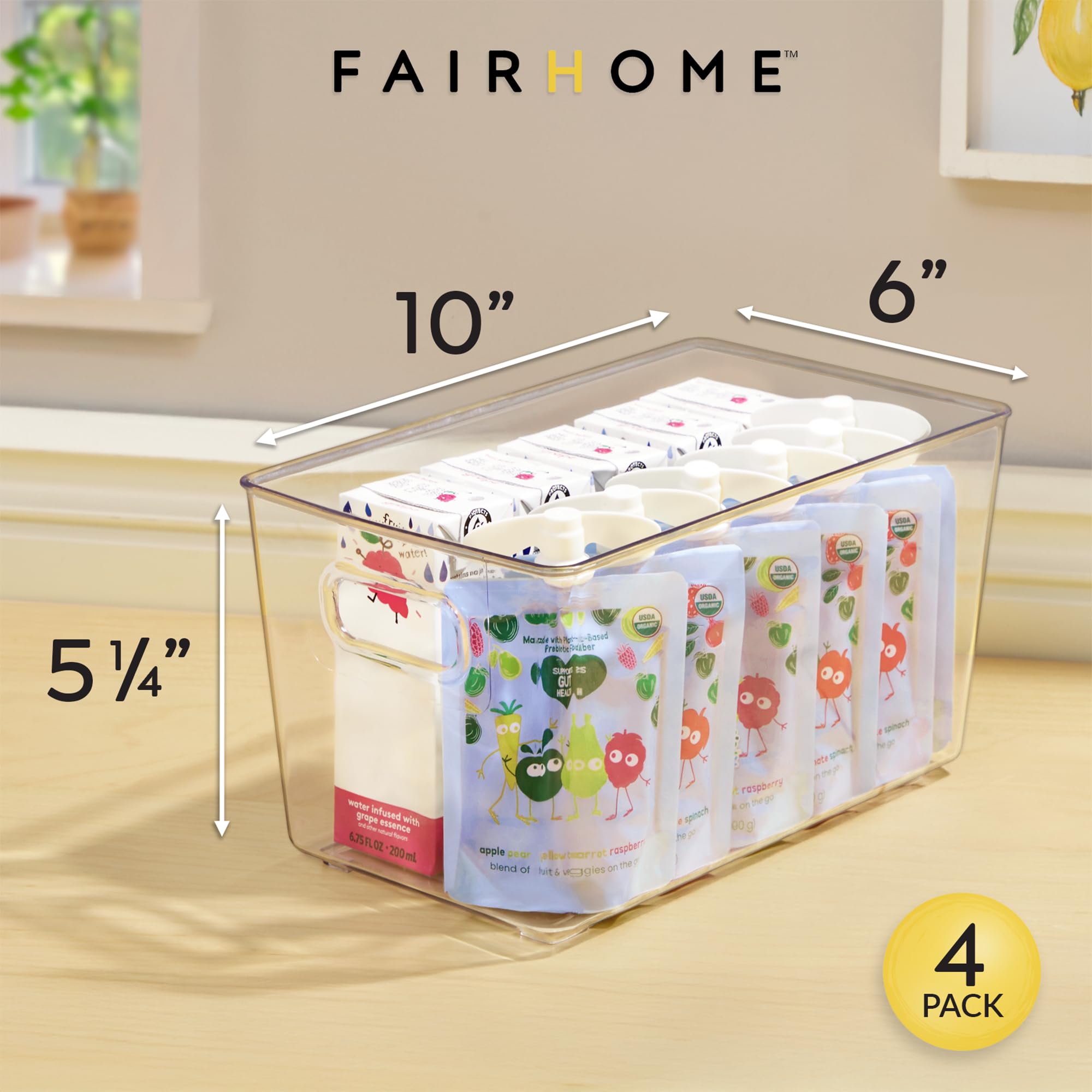 FairHome contenedores claros con asas en estante de cocina para snacks y condimentos.