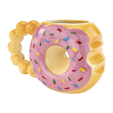 Fairly Odd Novelties Donut Touch My Coffee mug, vista frontal con glaseado, ideal para café diario.