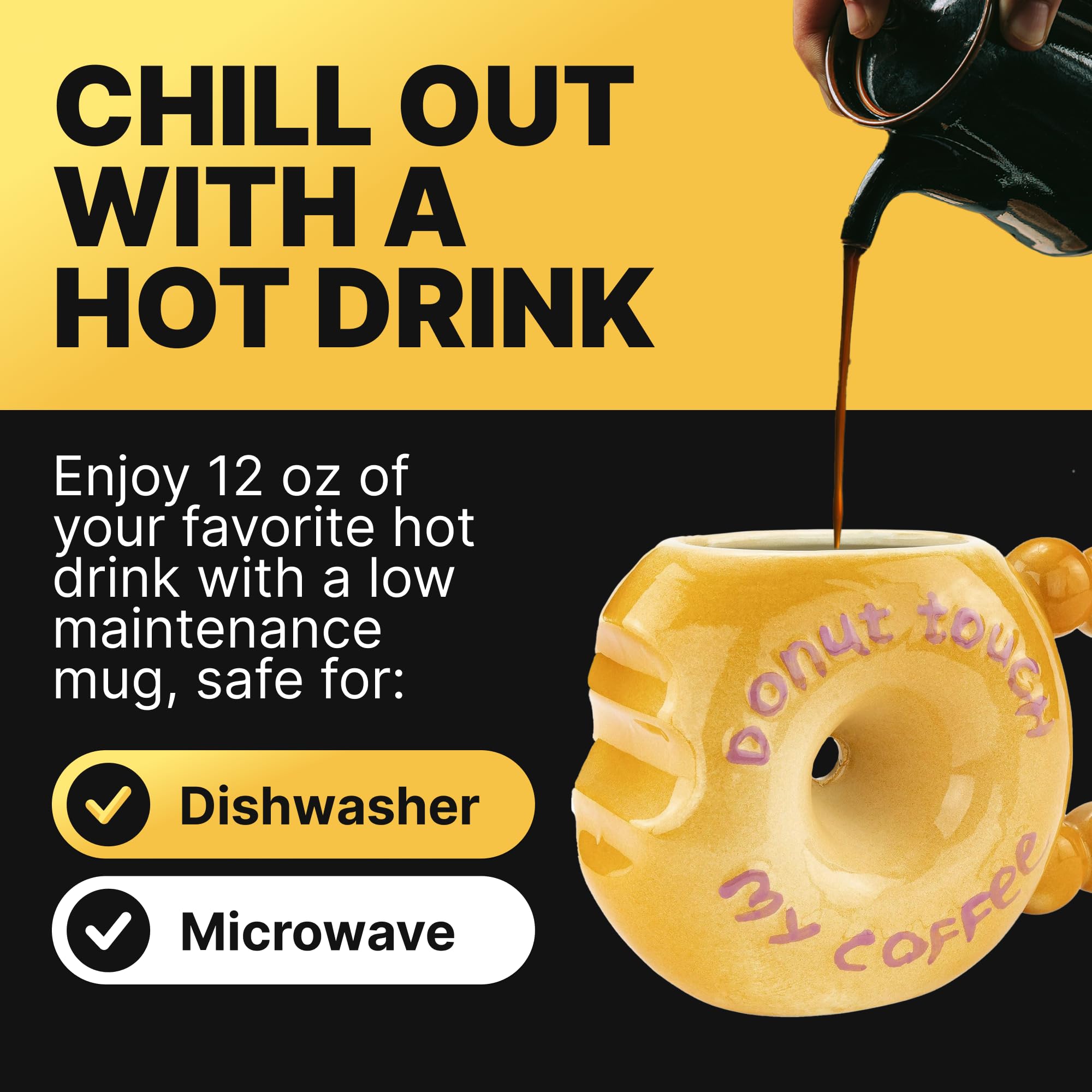 Fairly Odd Novelties Donut Touch My Coffee mug, uso para té o chocolate caliente, manteniendo estilo.