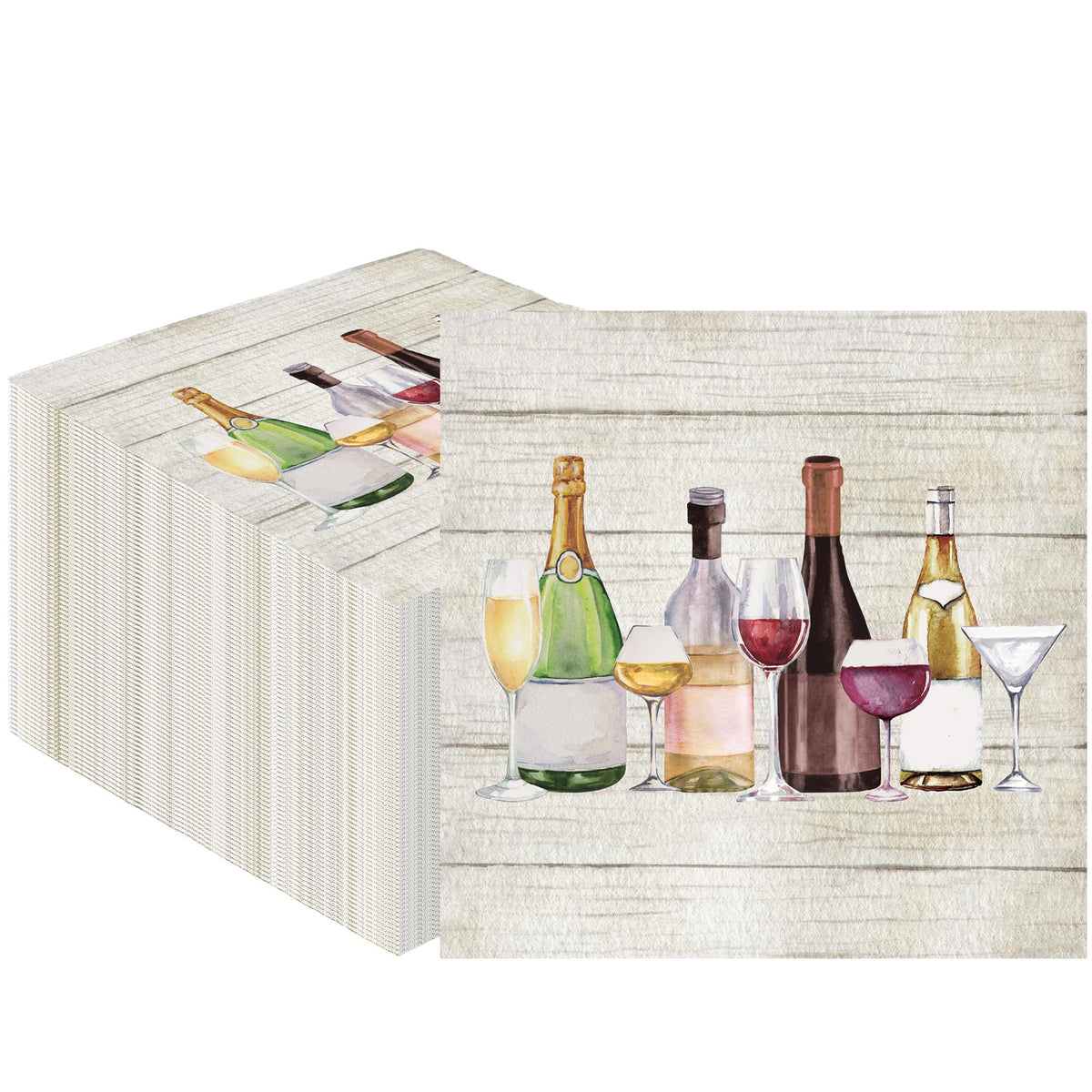 Servilletas Fairooth vino con diseño de botella y copa en acuarela para eventos.