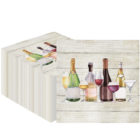 Servilletas Fairooth vino con diseño de botella y copa en acuarela para eventos.