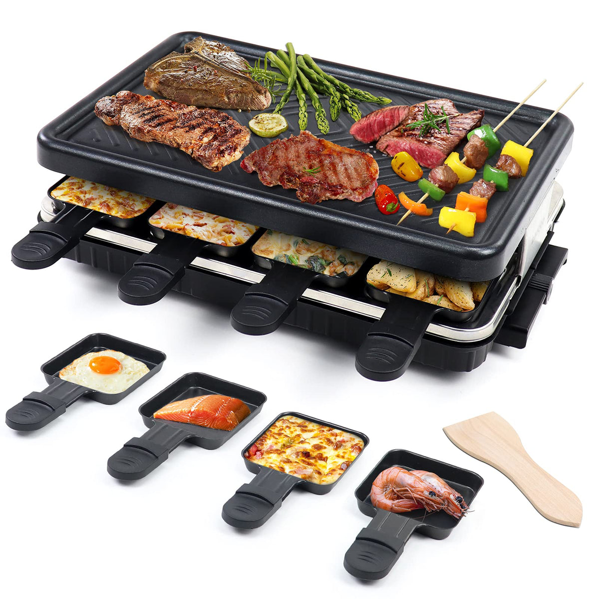 Parrilla raclette de Fajiabao con 8 bandejas antiadherentes para cenas interactivas