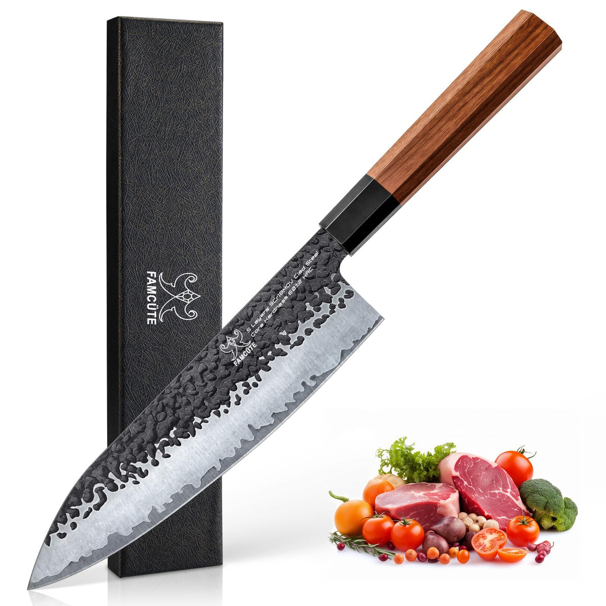 Cuchillo japonés FAMCÜTE de 8 pulgadas con hoja 9CR18MOV para cortes precisos.