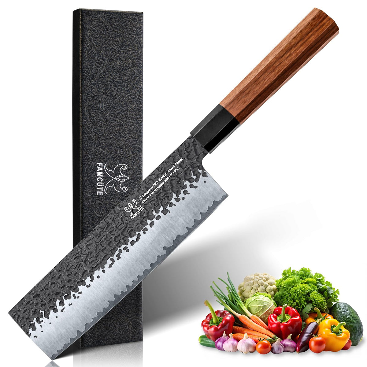 Cuchillo Nakiri japonés FAMCÜTE con hoja plana para cortes precisos de vegetales