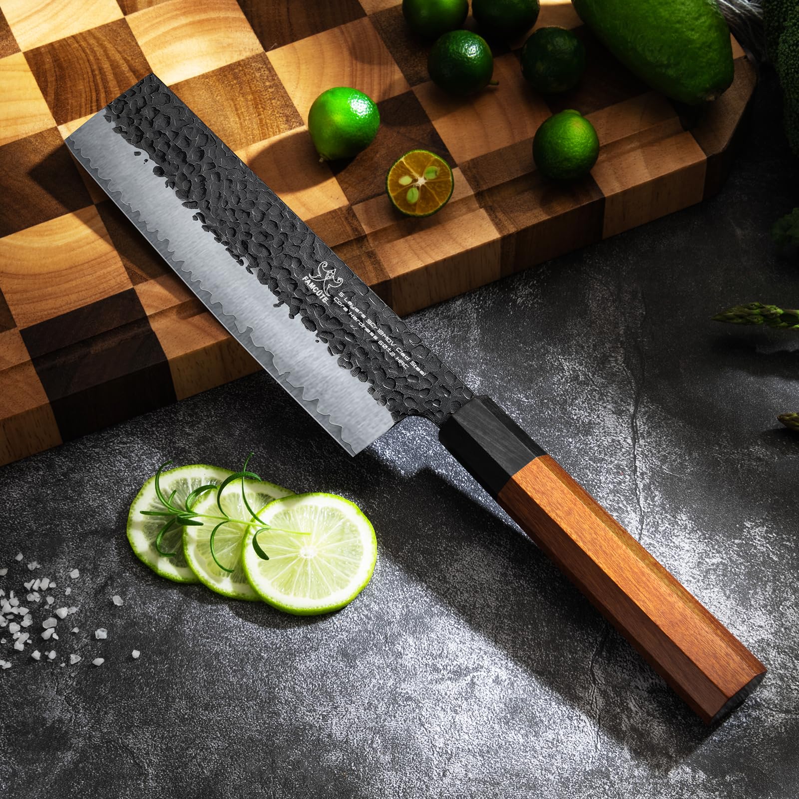 FAMCÜTE Nakiri con mango de palo rosa ergonómico para uso cómodo y estable