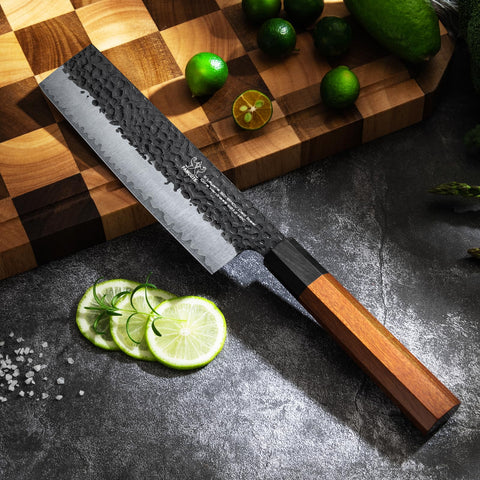 FAMCÜTE Nakiri con mango de palo rosa ergonómico para uso cómodo y estable