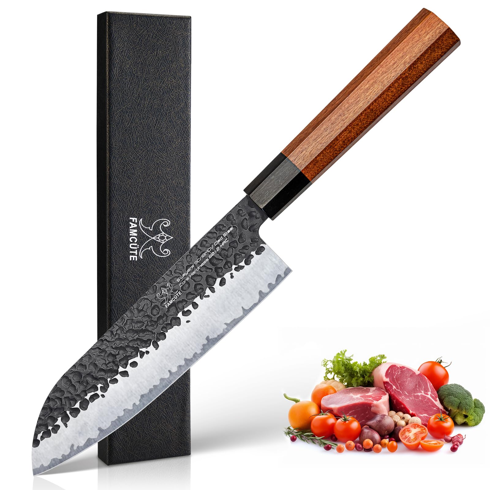 Cuchillo FAMCÜTE Santoku de 7 pulgadas, hoja 9CR18MOV y 5 capas para durabilidad.