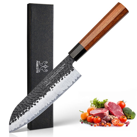 Cuchillo FAMCÜTE Santoku de 7 pulgadas, hoja 9CR18MOV y 5 capas para durabilidad.