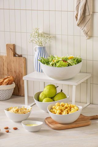 Cuencos Familywood porcelana apilables para almacenamiento compacto.