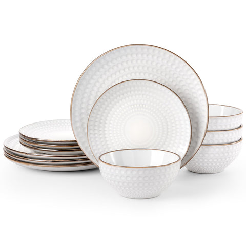 Plato principal Famiware Eden blanco con borde dorado, ideal para cenas elegantes.