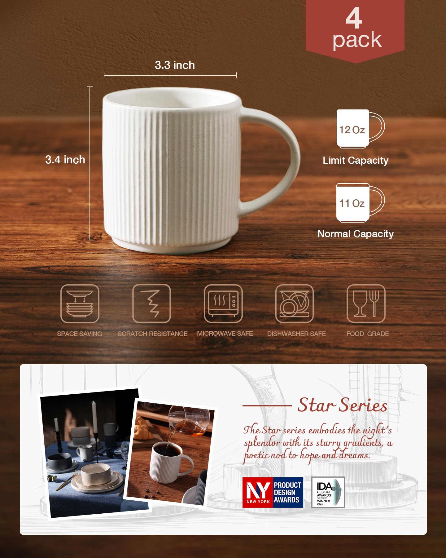 Famiware: juego apilable de tazas con canaletas para apilado estable.