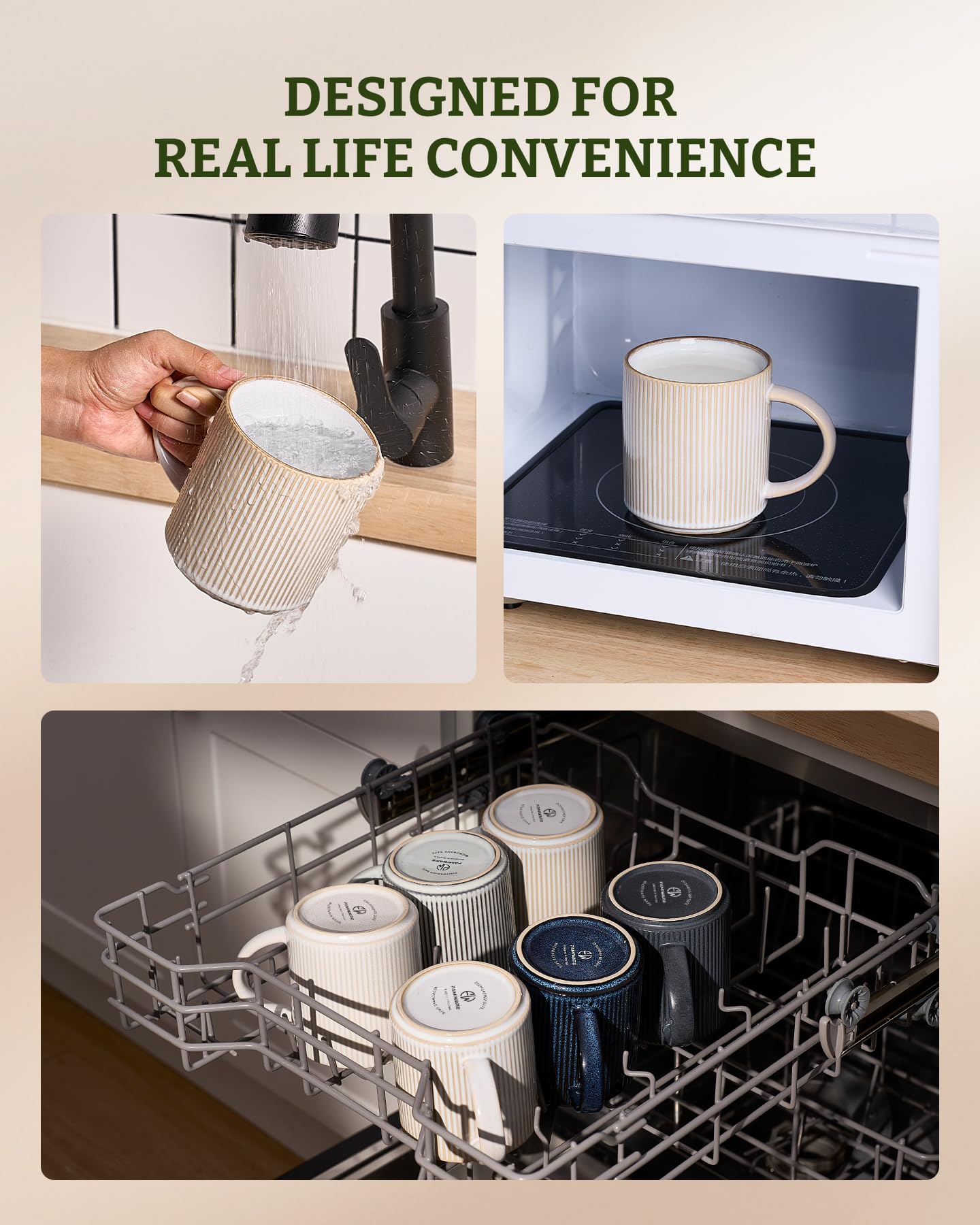 Tazas famiware con ranuras para apilar y ahorrar espacio.