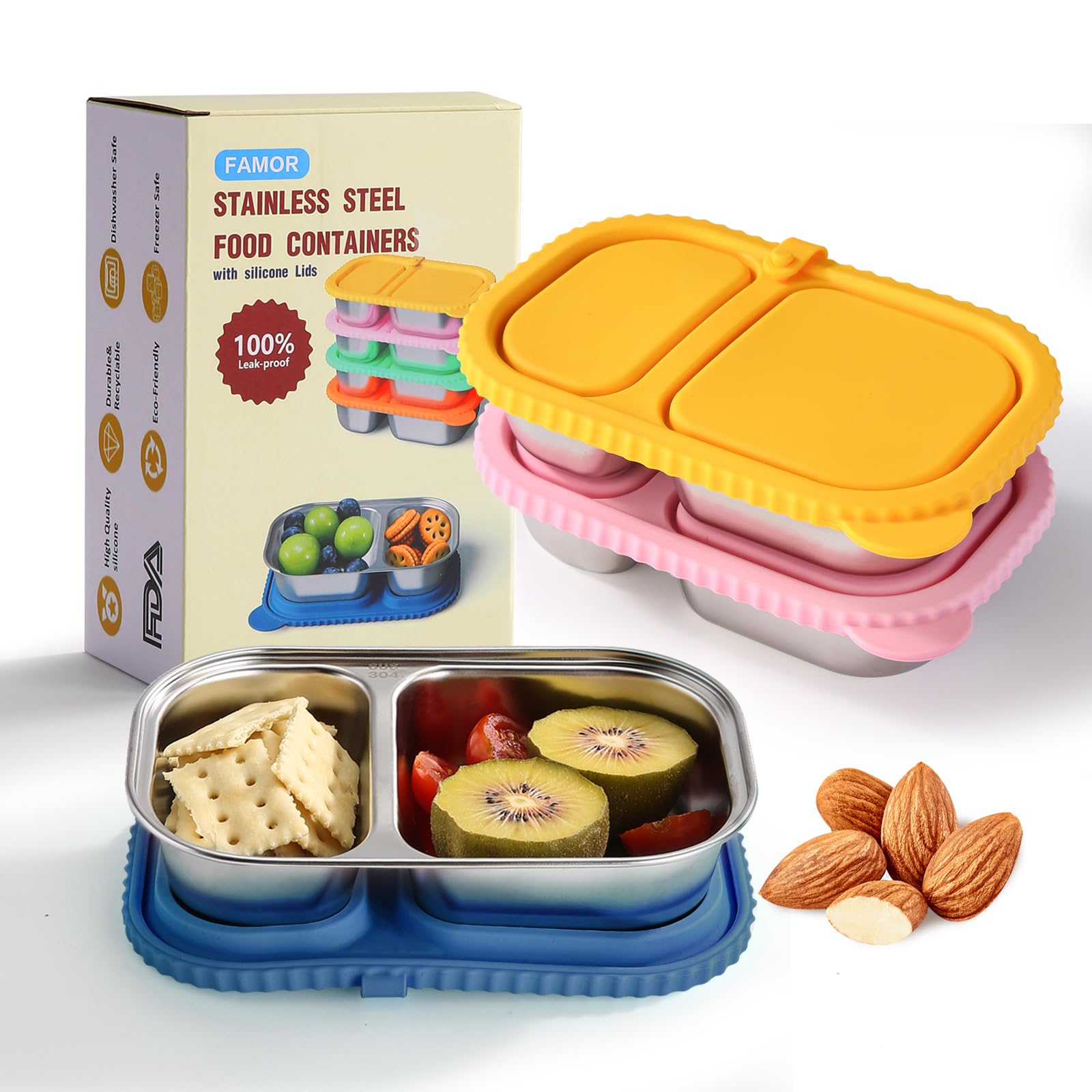 Contenedor de snacks FAMOR con dos compartimentos para porciones controladas.