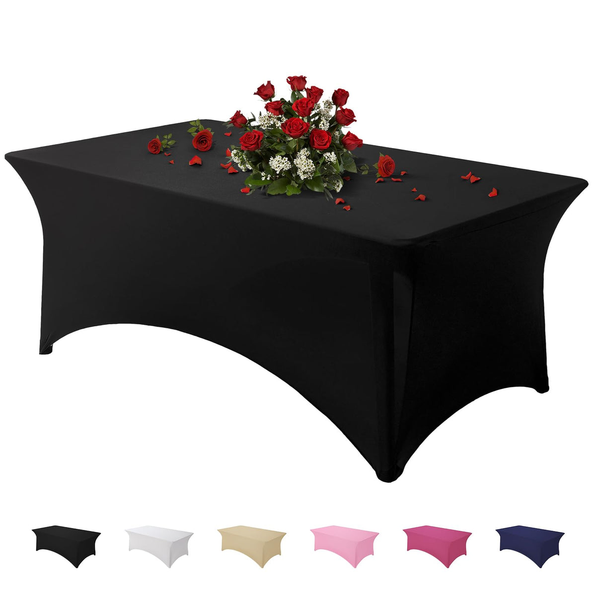 Mantel Famstar espandex negro 6ft rectangular, ajuste perfecto para eventos elegantes.