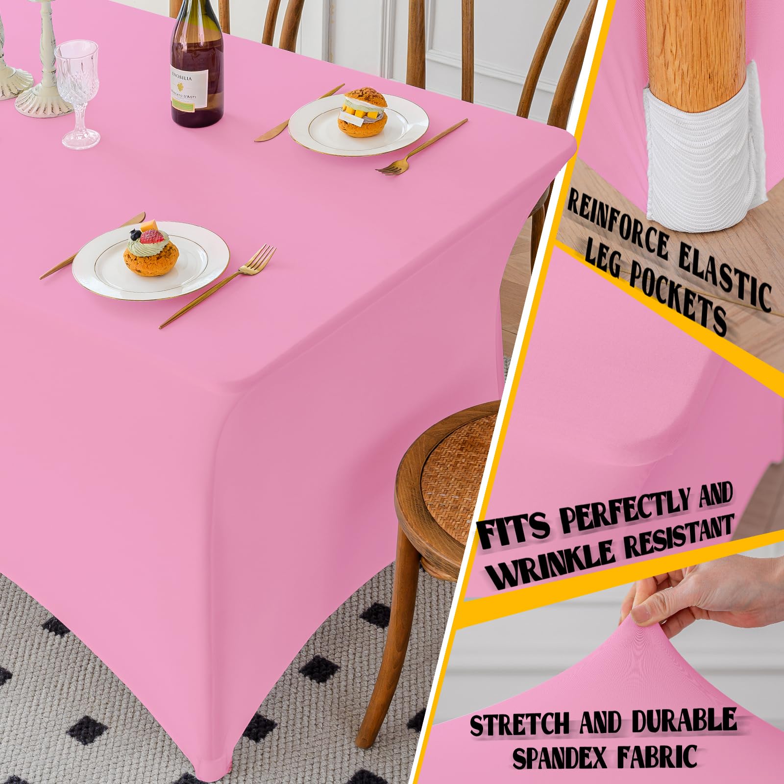Mantel Famstar rosa con bolsillos en las esquinas para fijar las patas de la mesa.