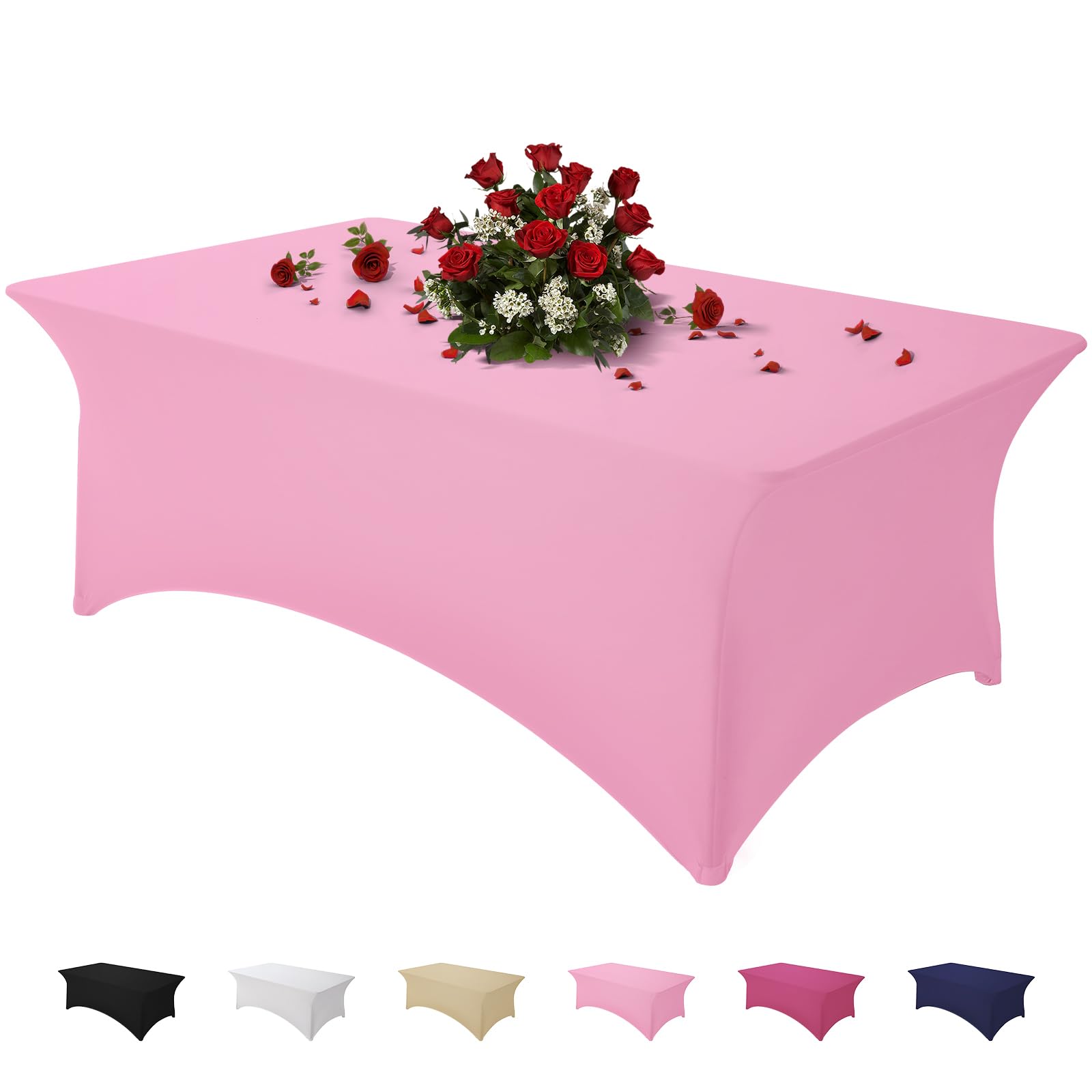 Mantel Famstar rosa para mesa rectangular de seis pies, ajuste perfecto y acabado limpio.