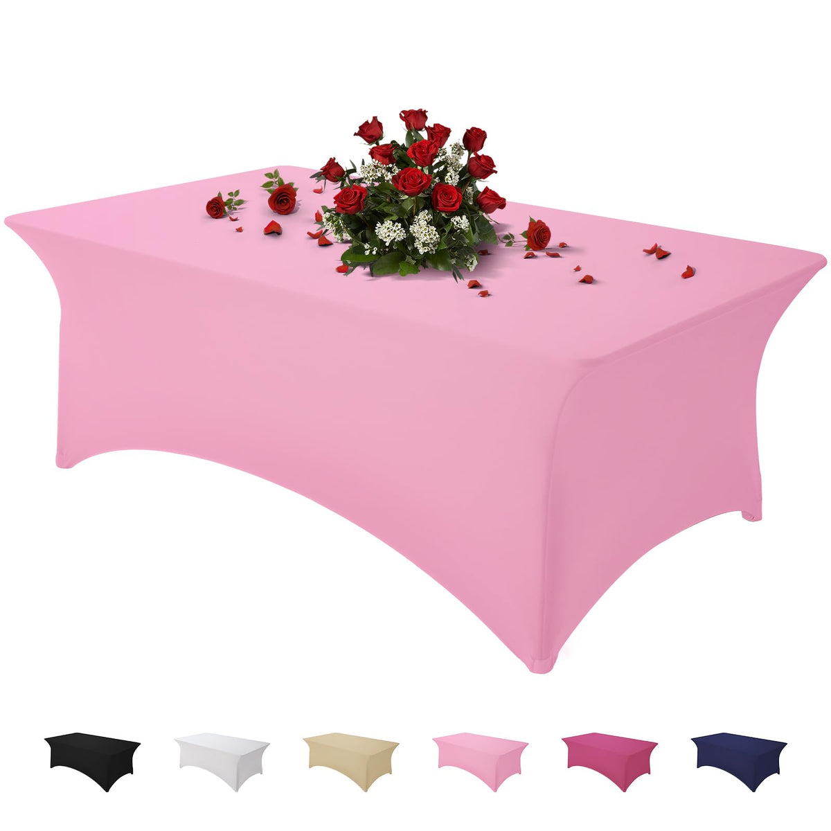 Mantel Famstar rosa para mesa rectangular de seis pies, ajuste perfecto y acabado limpio.