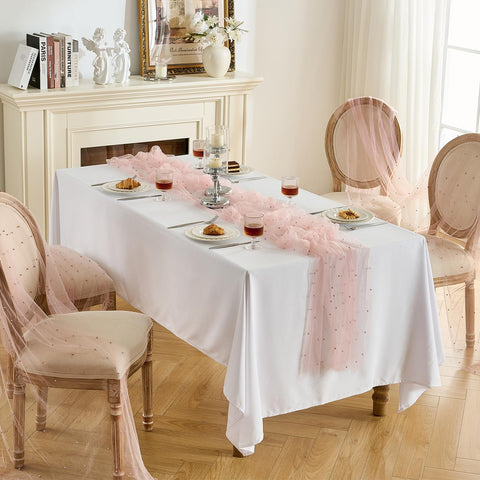 Corredor de mesa para fiestas Fanami, rosa empolvado con tule translúcido.