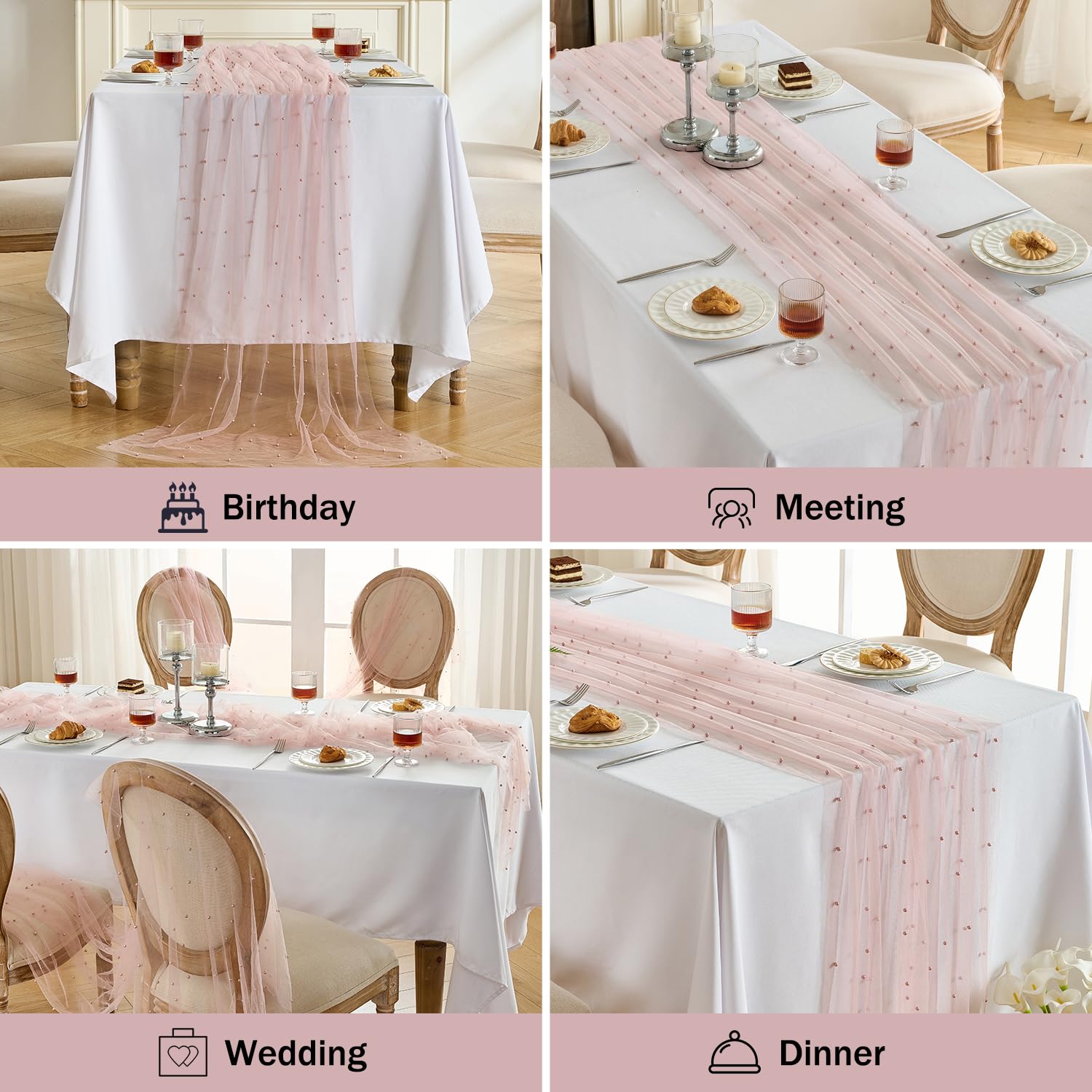 Detalle de mesa Fanami con perlas rosadas y tule suave.