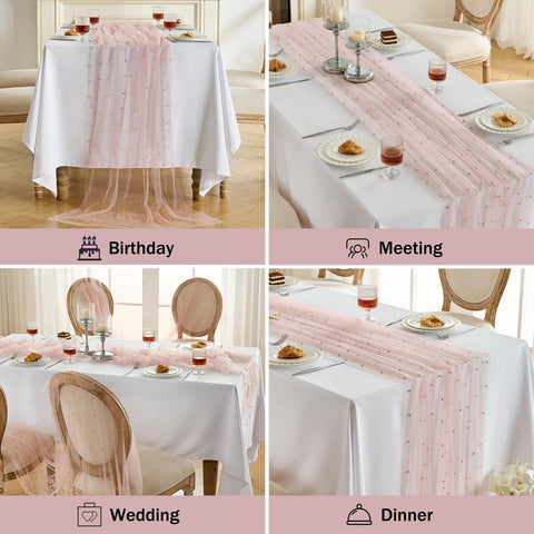 Detalle de mesa Fanami con perlas rosadas y tule suave.