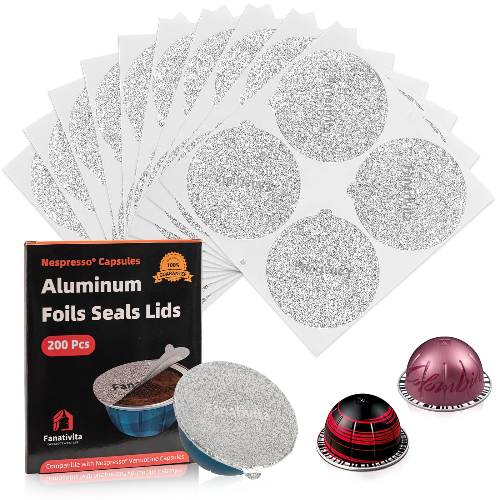 Fanativita: tapas de aluminio 62mm para Vertuo, sellado rápido de cápsulas.