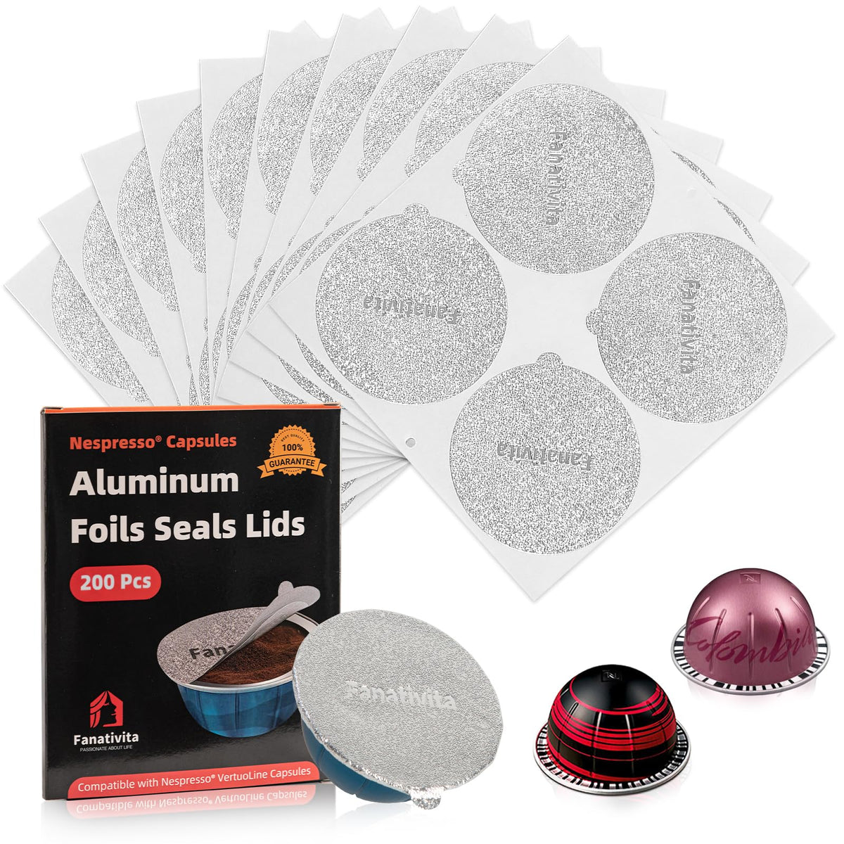 Fanativita: tapas de aluminio 62mm para Vertuo, sellado rápido de cápsulas.