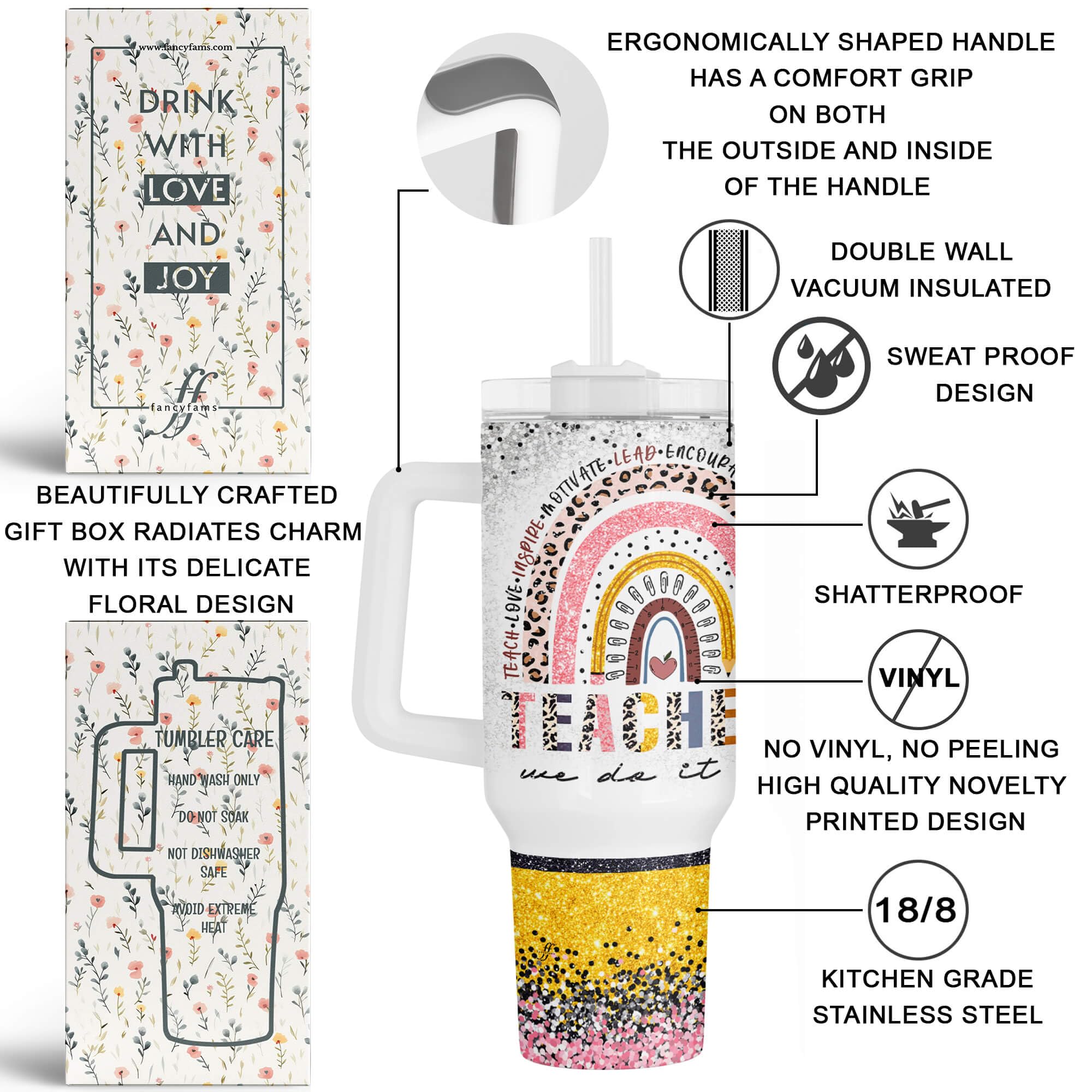 Fancyfams vaso de doble pared aislante, mantiene bebidas frías o calientes por horas.
