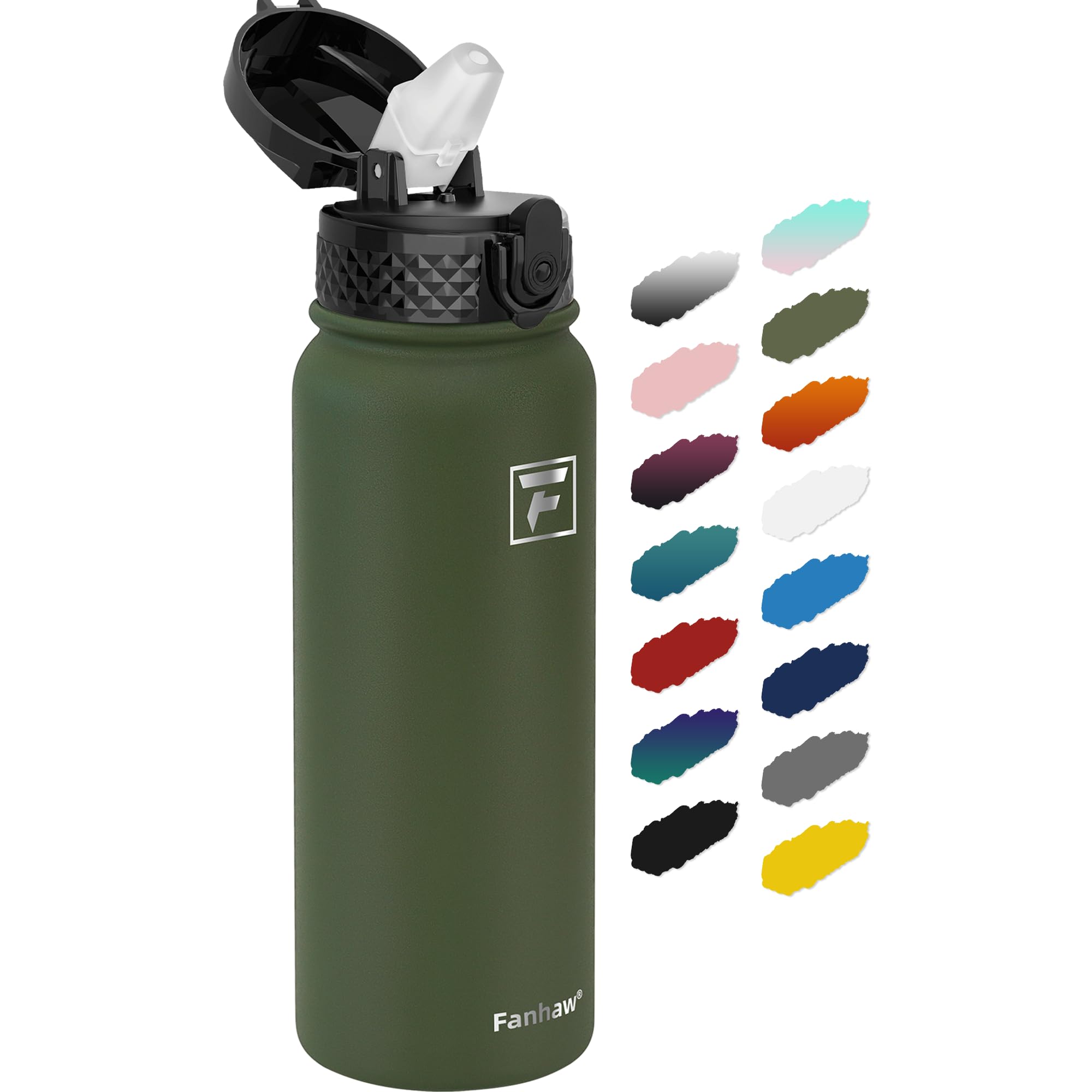 Botella Fanhaw 20 oz verde oliva, frontal, ideal para uso diario.