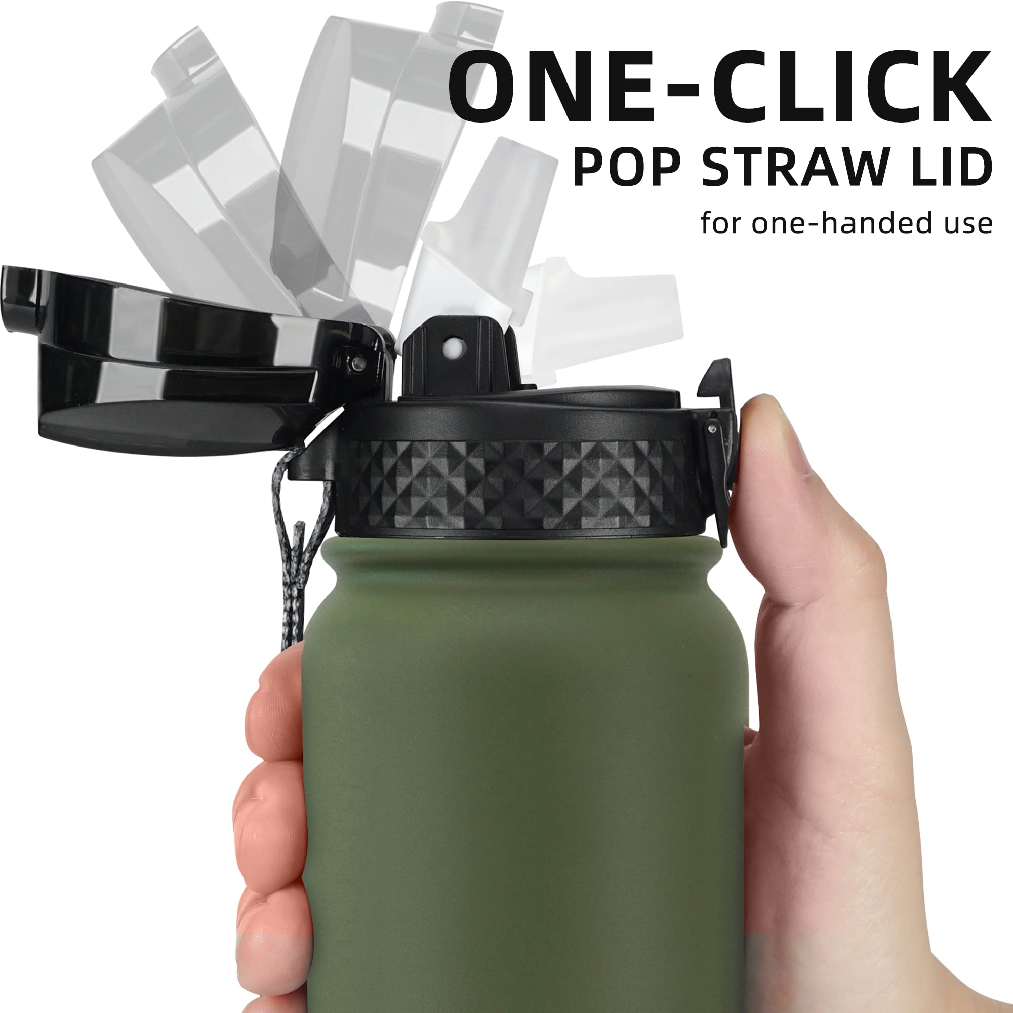 Botella Fanhaw 20 oz verde oliva, lateral, diseño deportivo para mochila.