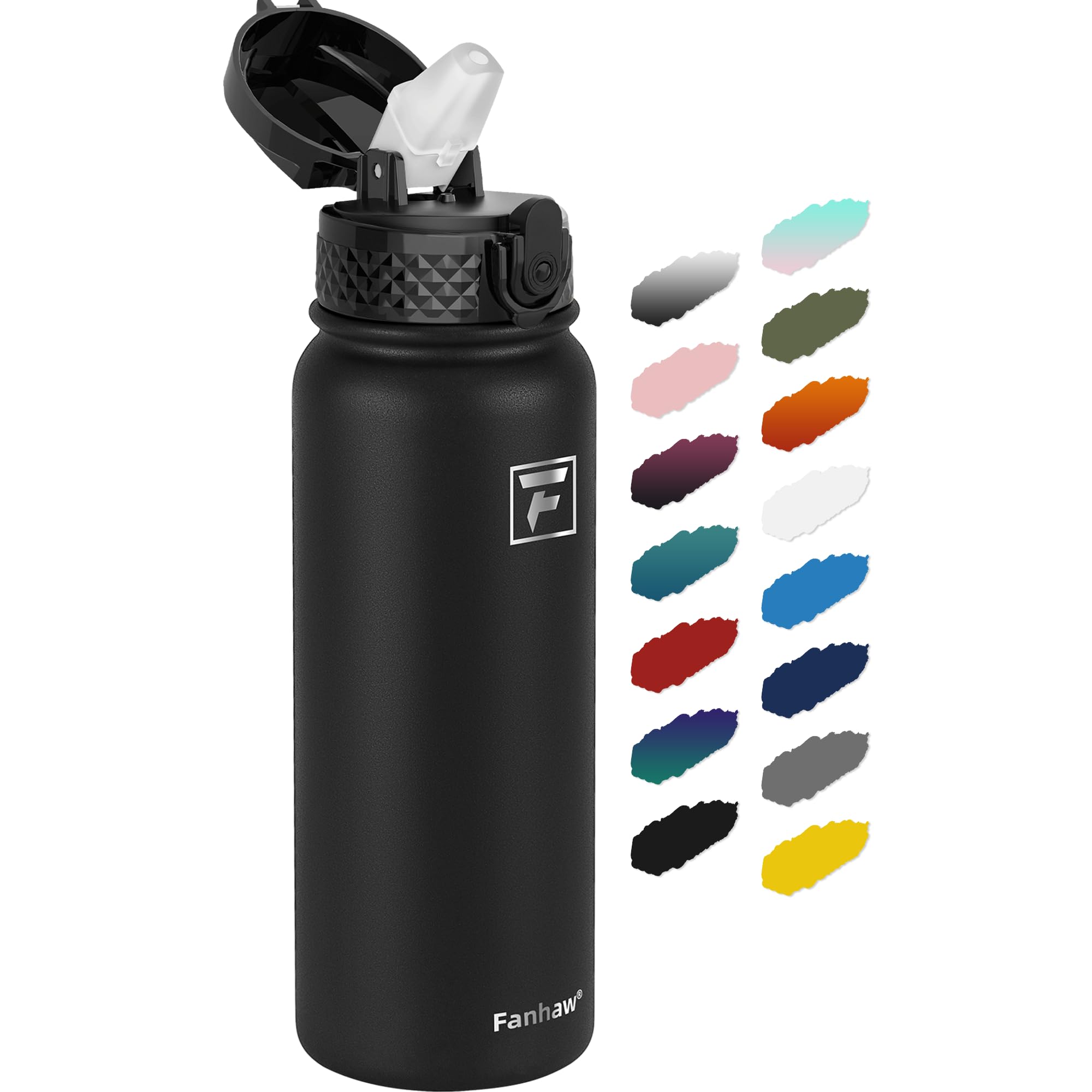 Botella Fanhaw negra vista general, ideal para uso diario y actividades al aire libre