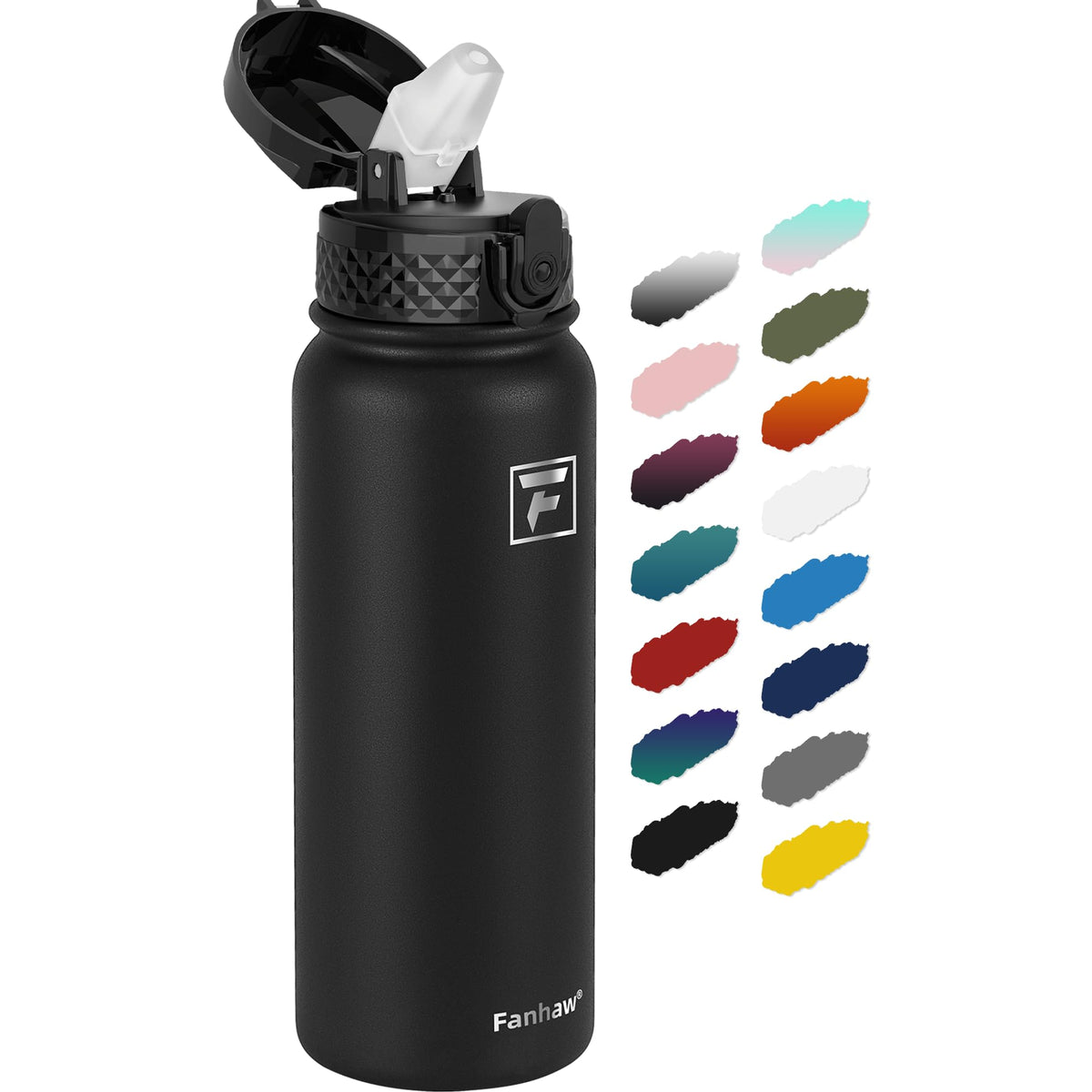 Botella Fanhaw negra vista general, ideal para uso diario y actividades al aire libre