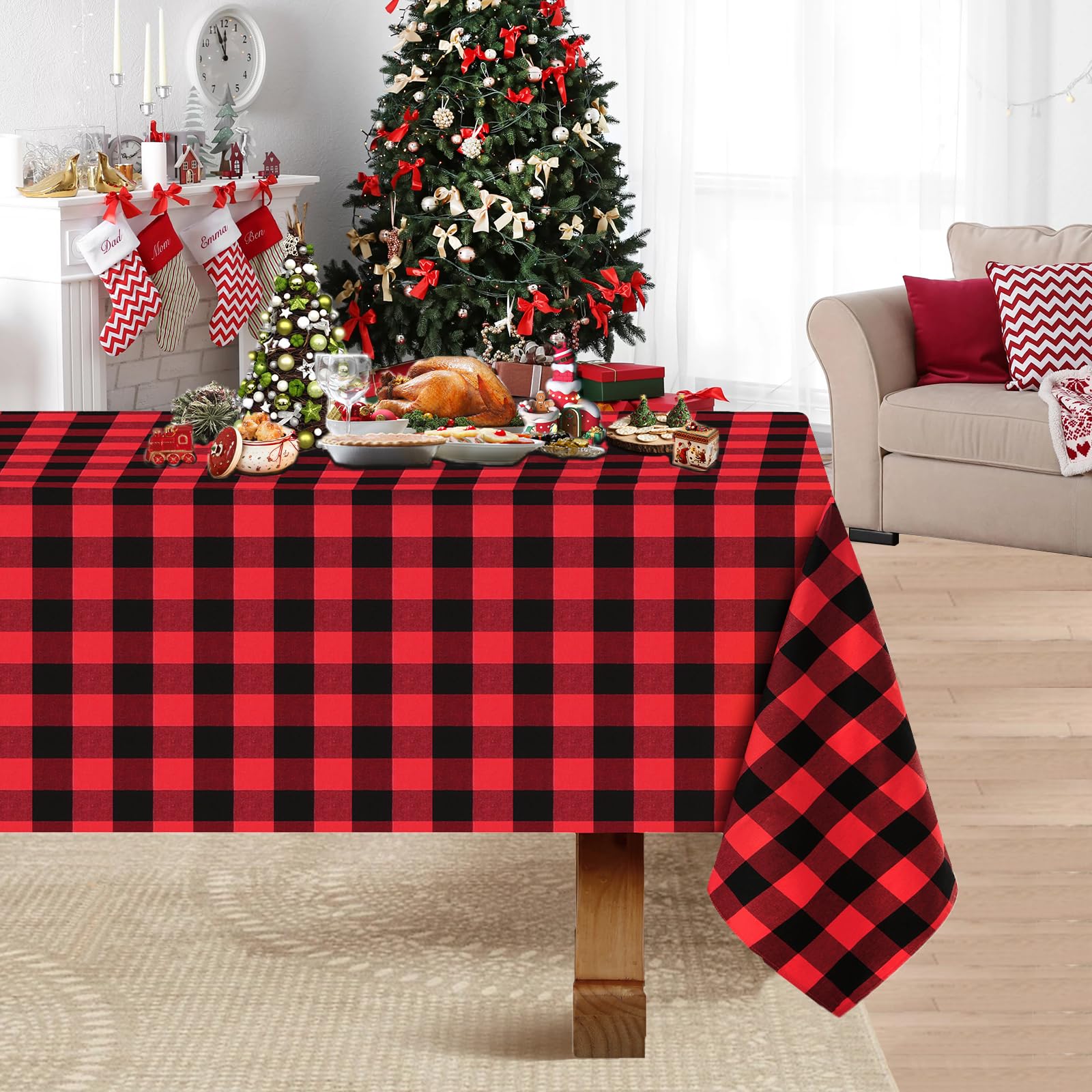 Mantel Fanqisi Navidad con cuadros negro rojo para fiestas elegantes