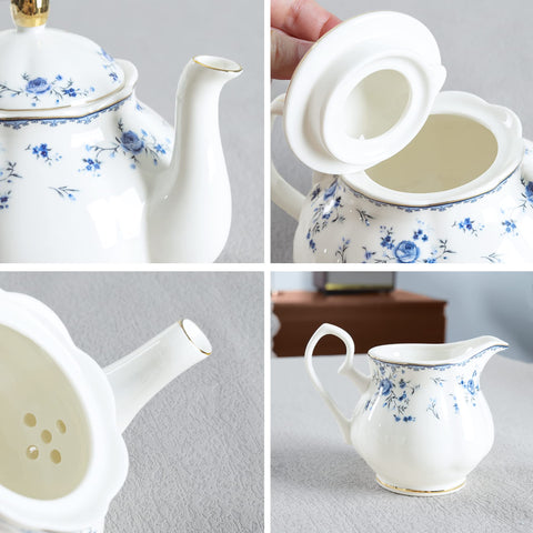 Fanquare azucarero de porcelana azul con rosas, acompañado para completar tu juego de té
