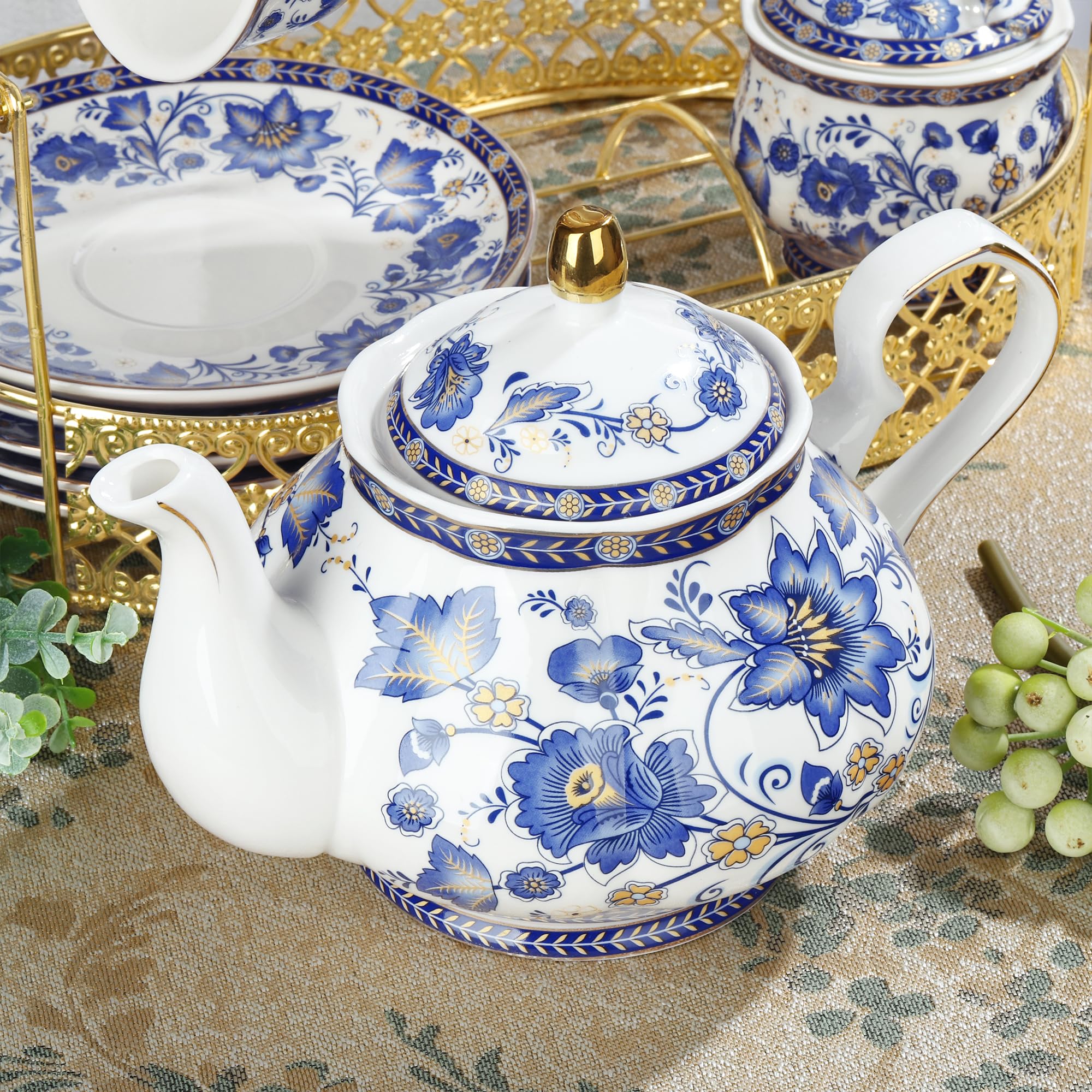 Fanquare juego de té para 6 en porcelana azul con platillos