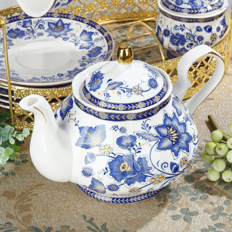 Fanquare juego de té para 6 en porcelana azul con platillos