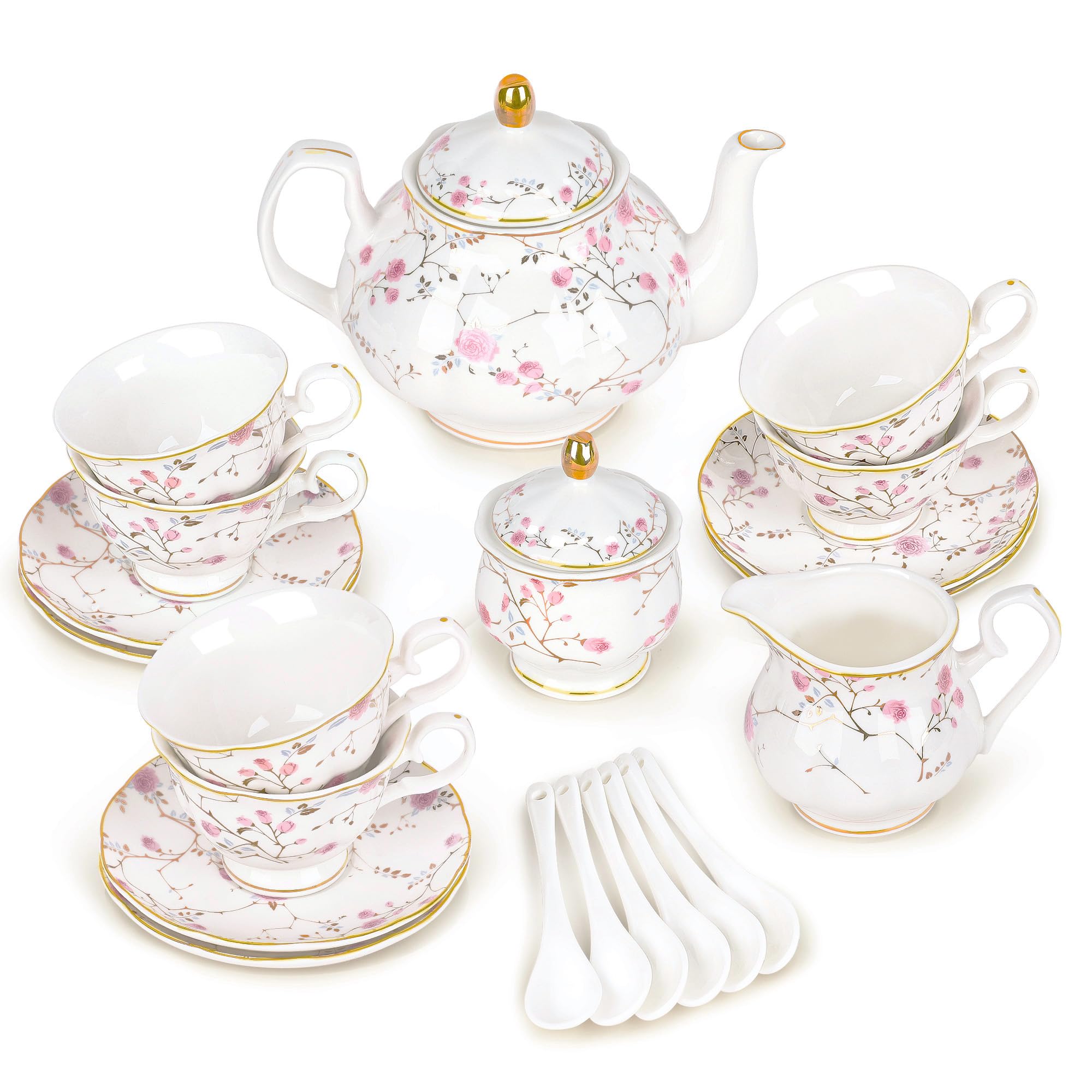 Fanquare juego de té oro floral de 21 piezas para reuniones elegantes.