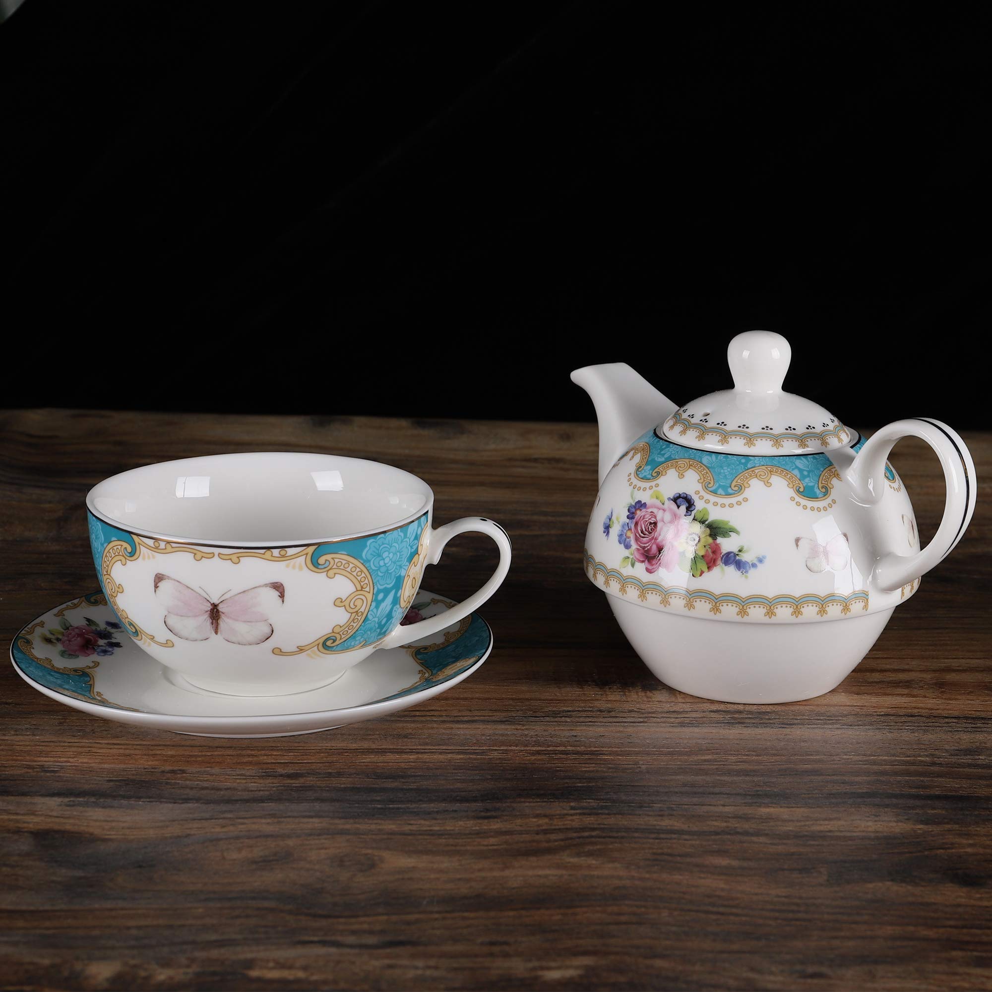 Fanquare juego de té para una persona azul floral, regalo elegante para ocasiones especiales.