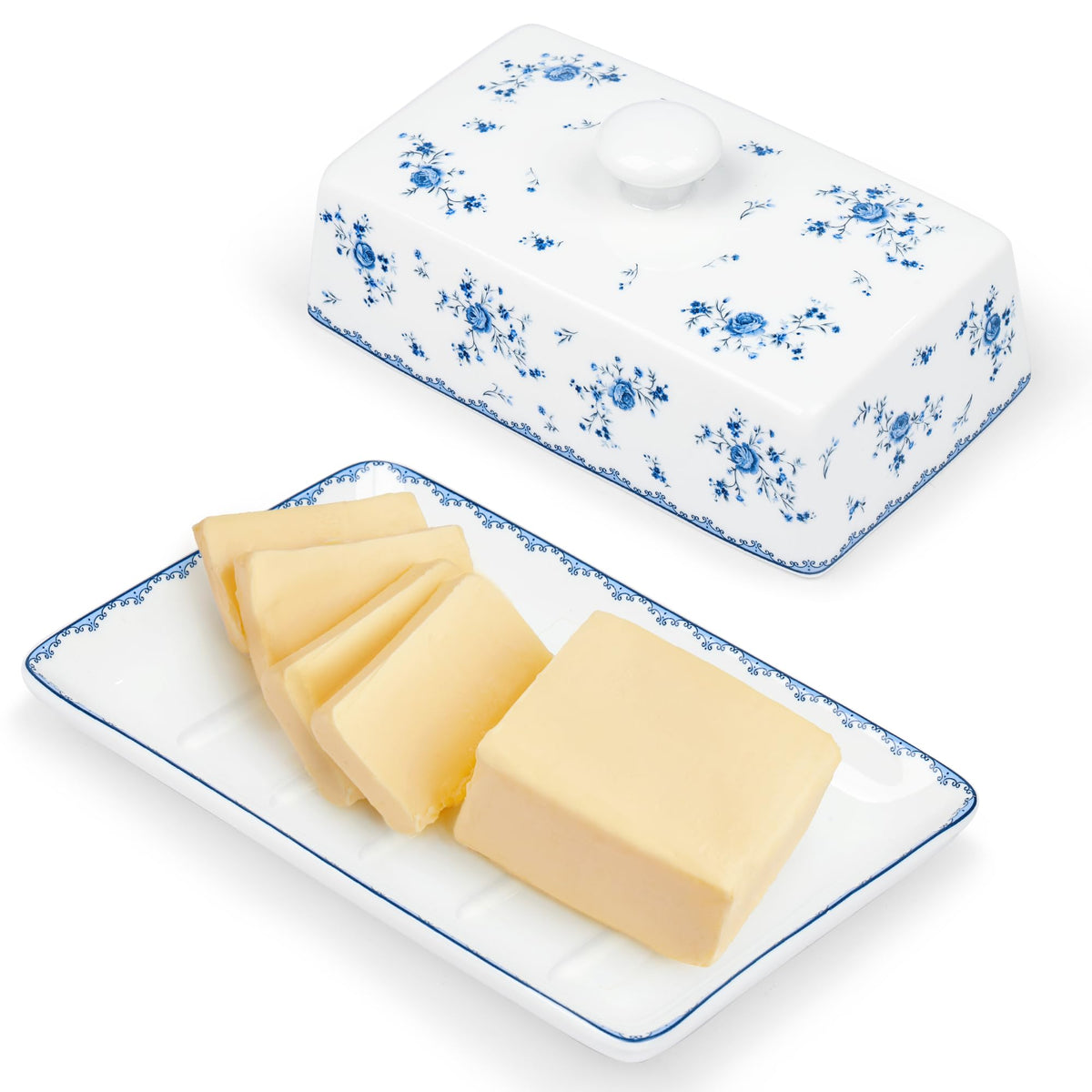 fanquare mantequillera de porcelana con tapa azul y blanco, diseño elegante para la encimera