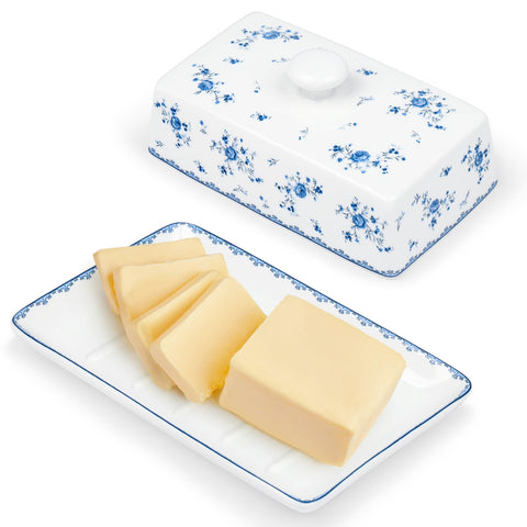 fanquare mantequillera de porcelana con tapa azul y blanco, diseño elegante para la encimera