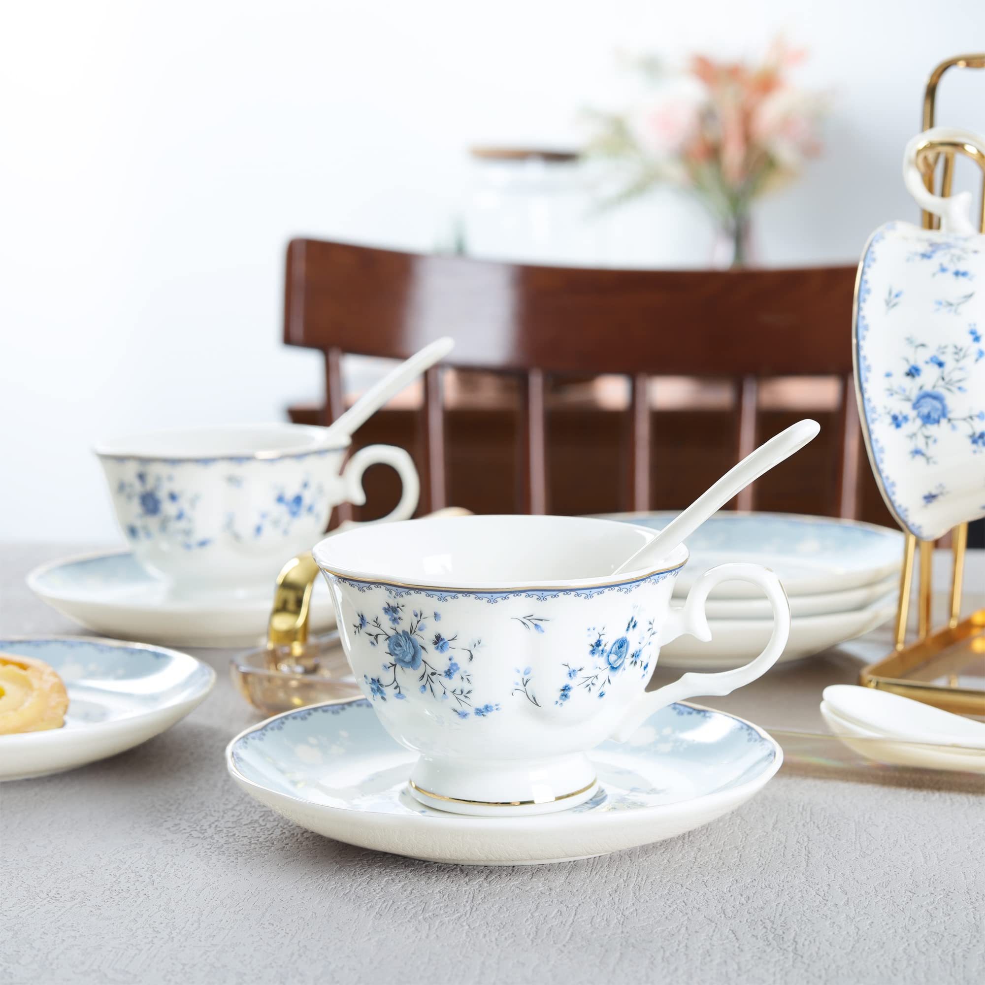 Fanquare tazas de té cerámica azul con rosas, ideales para 6 personas